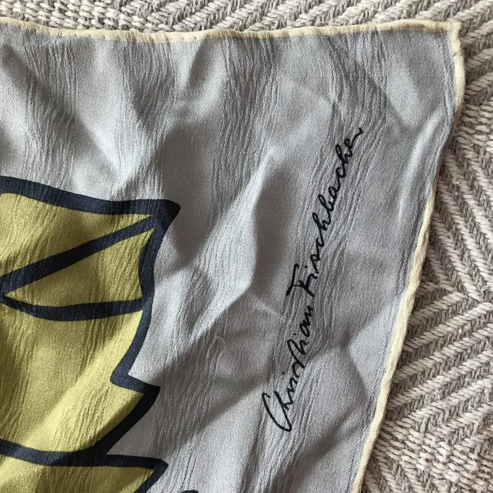 100% Silk Scarf Vineyard Grapes Leaves Blue Silver Green Christian Fischbacher